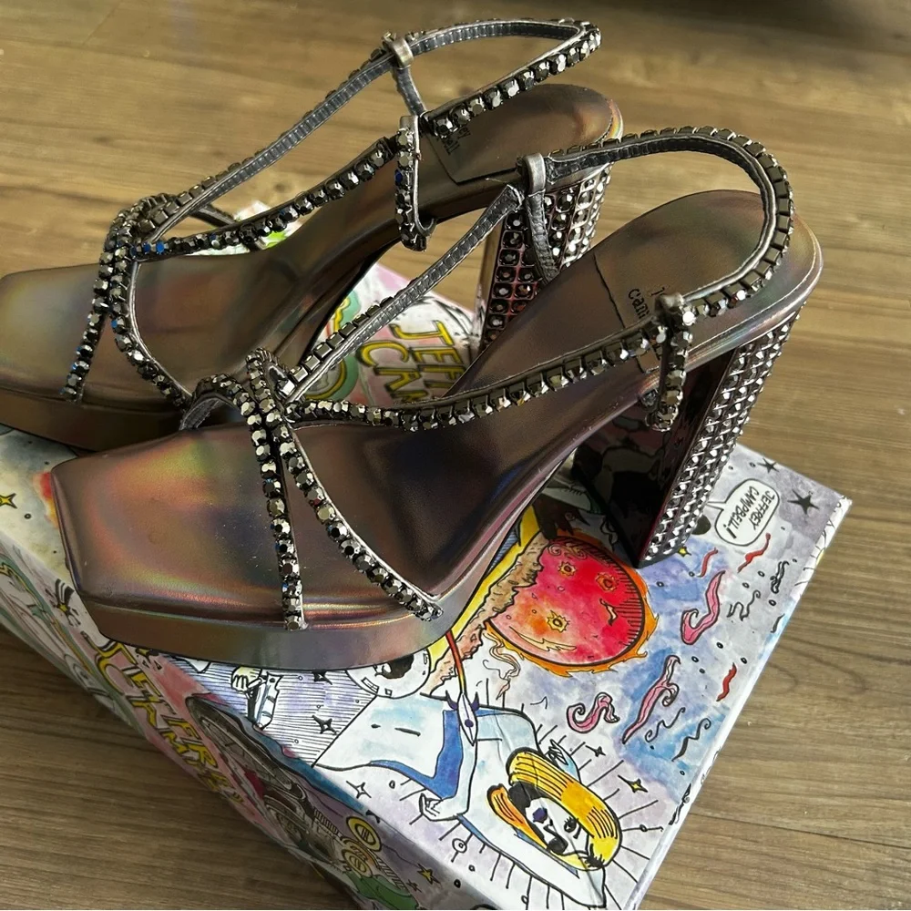 Jeffrey Campbell Metallic Strappy Platform Rhinestones Heels Sandals.  Size 7